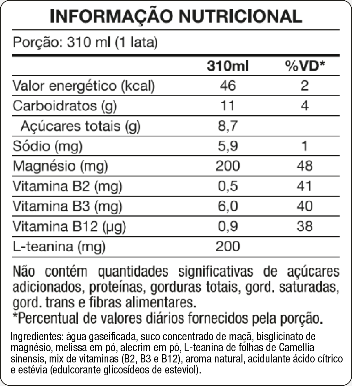 Tabela nutricional SEDE calma